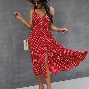 Red boho button up vneck tie polka dress